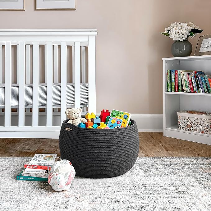 Goodpick Large Woven Storage Basket with Handles, 15.7" x 10.5", Black | Round Toy Storage for Kids, Cotton Rope Basket for Nursery Living Room, Holds Blankets, Toys & Baby Shower