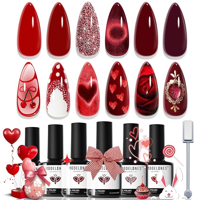 modelones Red Gel Nail Polish Set - 6 Colors 2026 Easter Ruby Glitter Cat Eye Magnetic Gel Polish Burgundy Red Sparkle Bloody Nail Polish Kit Soak Off LED Manicure Nail Art DIY Gift