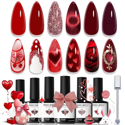 modelones Red Gel Nail Polish Set - 6 Colors 2026 Easter Ruby Glitter Cat Eye Magnetic Gel Polish Burgundy Red Sparkle Bloody Nail Polish Kit Soak Off LED Manicure Nail Art DIY Gift