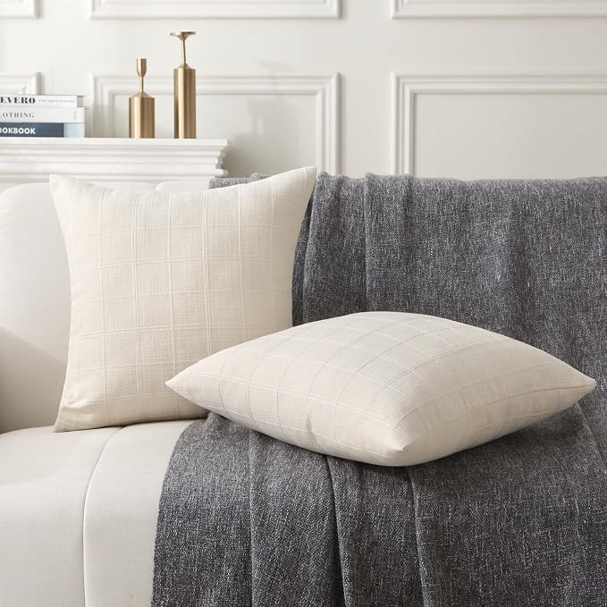 18" x 18" Decorative Throw Pillow with Inserts, Set of 2 Modern Neutral Farmhouse Vintage Throw Pillows, Square Boho Pillow for Couch, Bed, Sofa Decor (Beige, 18" x 18"(Pack of 2))