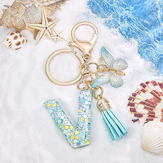 Fashion Alphabet Initial Letter Keychain Tassel Butterfly Pendant Key Ring for Purse Handbags Women Girl