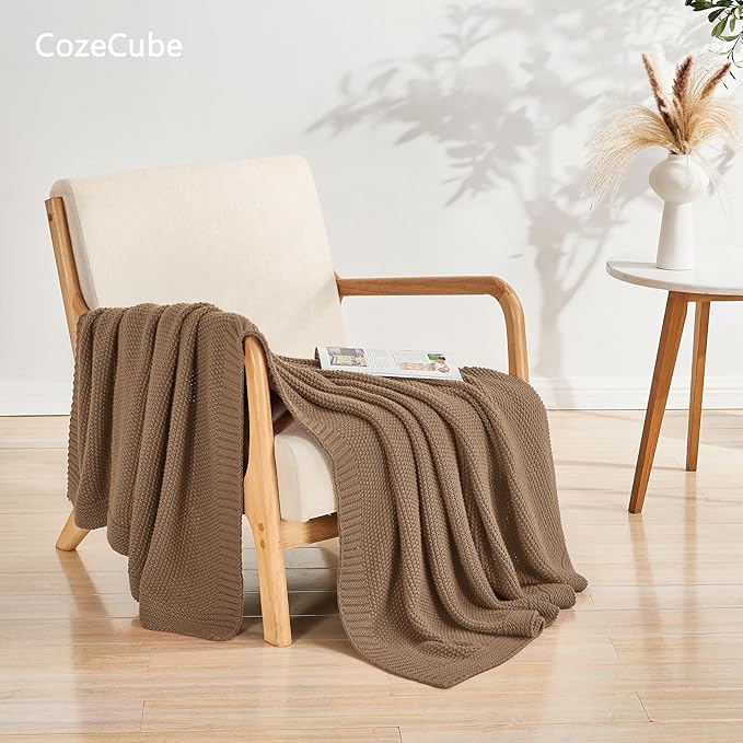 CozeCube Caramel Brown Seed Stitch Throw Blanket 50"x60", Farmhouse Decor | Blanket for Couch, Soft Cozy Cable Knit Throw for Bed Sofa Living Room, Lightweight Warm Decorative Christmas Blanket