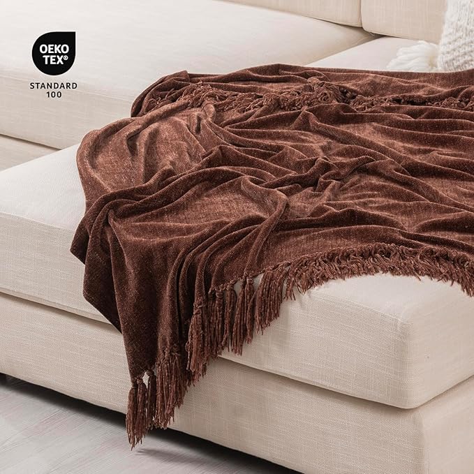 RECYCO Chenille Throw Blanket for Couch, 50"x60", Brown | Super Soft Knit Throw Blanket with Fringe Tassels, Lightweight Knitted Throw, Cozy, Ideal for Sofa Chair Bed Living Room Gift