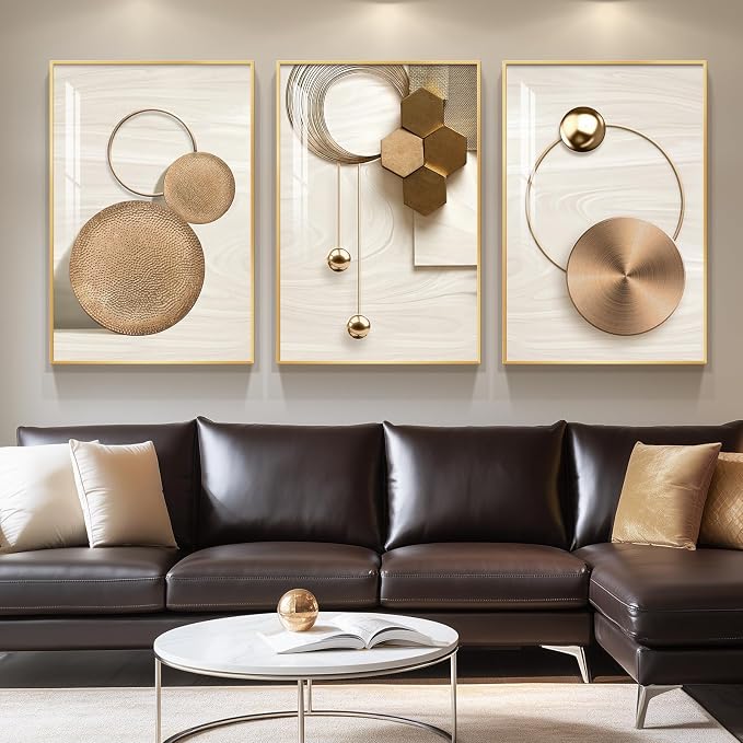 Large Framed Modern Luxury Gold Wall Art for Living Room, 3 Piece 24x36 In | Bright style art prints, Golden geometric pictures, Crystal coating wall art, Fade resistance prints for bedroom dining room