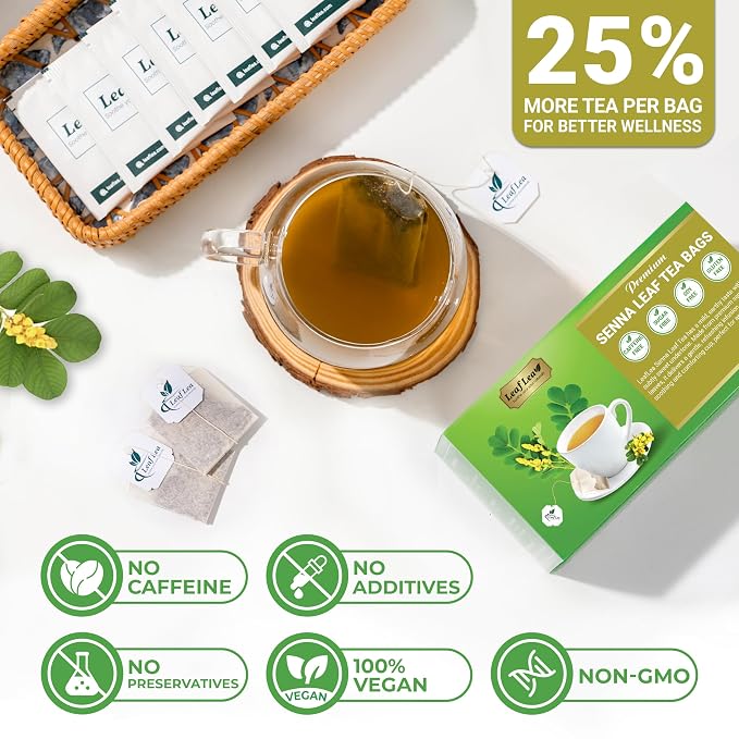 LeafLea Senna Leaf Tea Bags, Herbal Laxative Tea for Constipation, 40 Ct | Single-Ingredient Senna Leaf, Caffeine-Free, Sugar-Free, Gluten-Free, Non-GMO, Vegan, Individually Foil-Wrapped