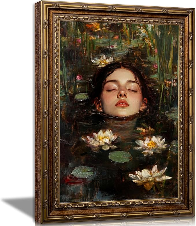 Vintage Gold Framed Gothic Wall Art, Ophelia Inspired Woman Portrait Print | Dark Academia Romantic Victorian Oil Painting Canvas Print Picture Wall Decor for Living Room Bedroom Office, 16x24 Inch