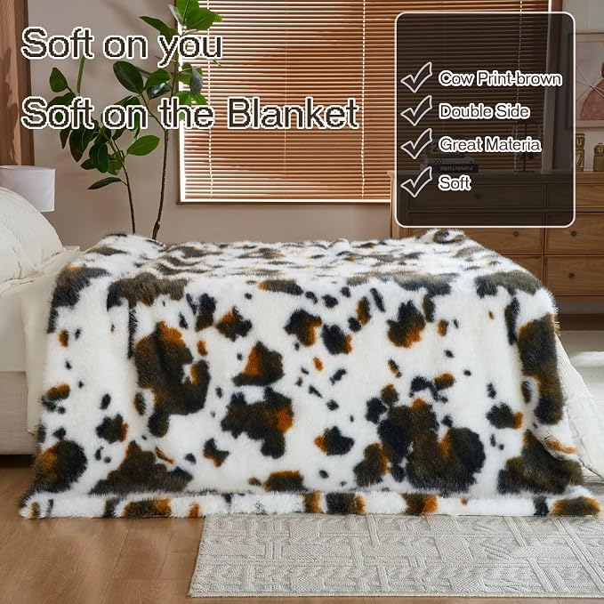 Luxury Fluffy Faux Fur Throw Blanket,Thick Fluffy Silky Fuzzy Cozy Blanket,Plush Blankets for Couch, Sofa, Chair, Bed-Cow Print-Brown 50 * 60inch