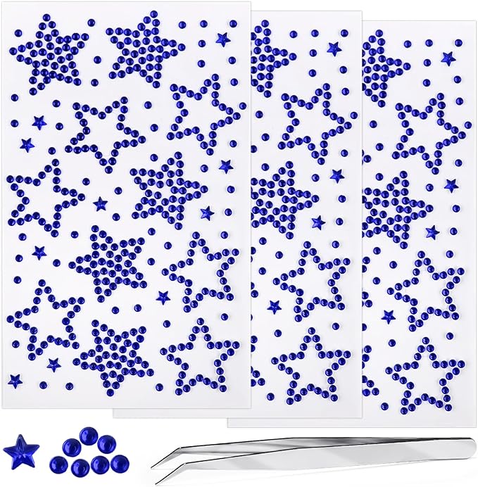 3 Sheers Independence Day Rhinestone Sticker Dark Blue Star Gem Stickers Patriotic Self Adhesive Jewels Sticker for Eye Face Body Nails Crafts Party Decor 4th of July Sparkle Crystal Hair Diamond