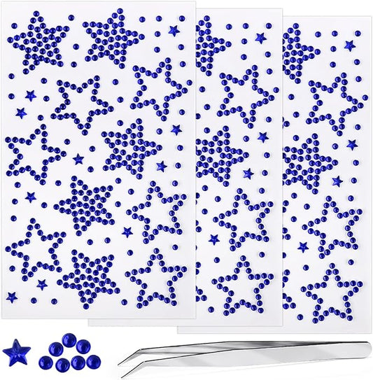 3 Sheers Independence Day Rhinestone Sticker Dark Blue Star Gem Stickers Patriotic Self Adhesive Jewels Sticker for Eye Face Body Nails Crafts Party Decor 4th of July Sparkle Crystal Hair Diamond