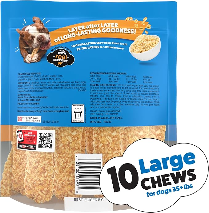 Purina Busy Chewnola Small/Medium Dog Bones, Oats & Brown Rice, 10 ct Pouch | Three-layer dog treat made with wholesome grains and a real beefhide center, long-lasting chew that helps clean teeth