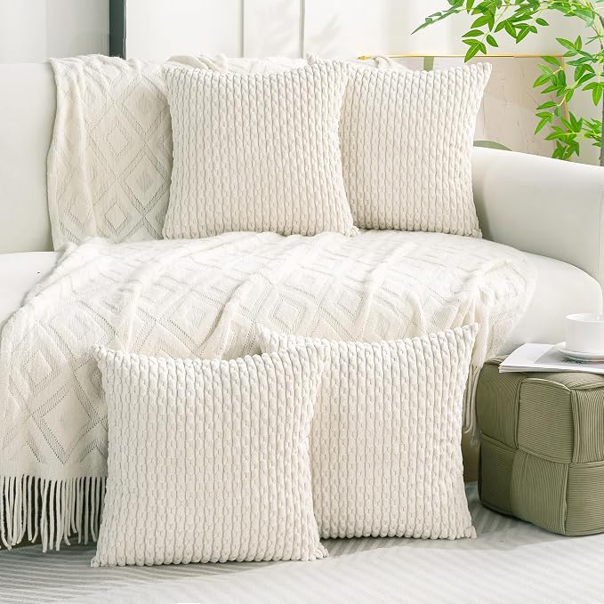 Set of 4 Cream White Decorative Throw Pillow Covers 20x20 Inch Corduroy Pillow Covers for Bed Couch Sofa Living Room Soft Square Cushion Cases