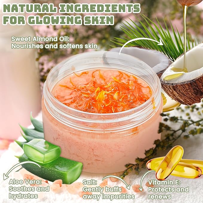 JUYRLE Body Scrub Making Kit- DIY Pink Salt Body Scrub Kit with Almond Oil, Essential Oils, Moisturizing and Exfoliating Dry Skin Hand Foot DIY Organic SPA Kit Christmas Gifts For Women & Men