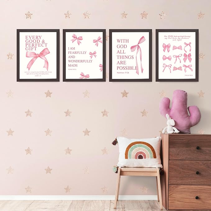 LARTSFRO Coquette Pink Bow Wall Art Decor Posters, Pink Bow Room Bedroom Bathroom Dorm Wall Art Decor Aesthetic for College Teen Girls Gifts, Inspirational Bible Verses Bow Wall Decor, 10x8 Inch Set of 4 Pcs Bow Pictures (DARK FRAMED)