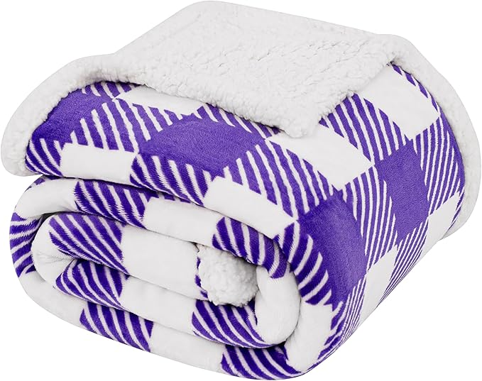 Sherpa Plaid Twin Blanket 60" X 70", Fuzzy Fluffy Soft Cozy Throw Blanket, Twin Size Plush Fleece Flannel Plush Microfiber Blanket for Couch Bed Sofa (PurpleWhite)