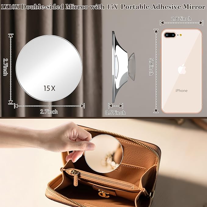 VESAUR Upgraded 11" Large 17" Tall Lighted Makeup Mirror Silver, 1X/10X Dual-Sided Magnifying with 15X Suction Mirror, 3 Color Adjustable Lights, 360° Swivel Dual Power Vanity Mirror, Gift Box