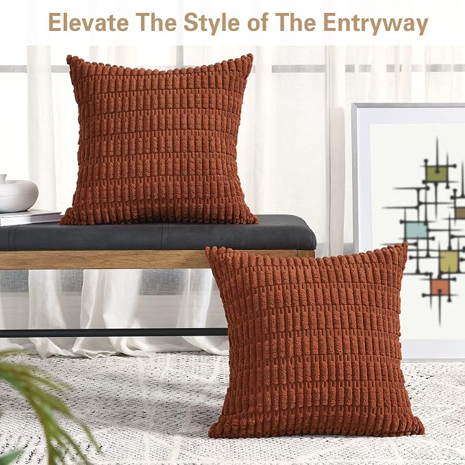 Volcanics Pack of 2 Rust Decorative Throw Pillow Covers 20x20 Inch | Soft Corduroy Striped Square Cushion Cases, Modern Farmhouse Boho Home Decor for Couch Bed Sofa Living Room