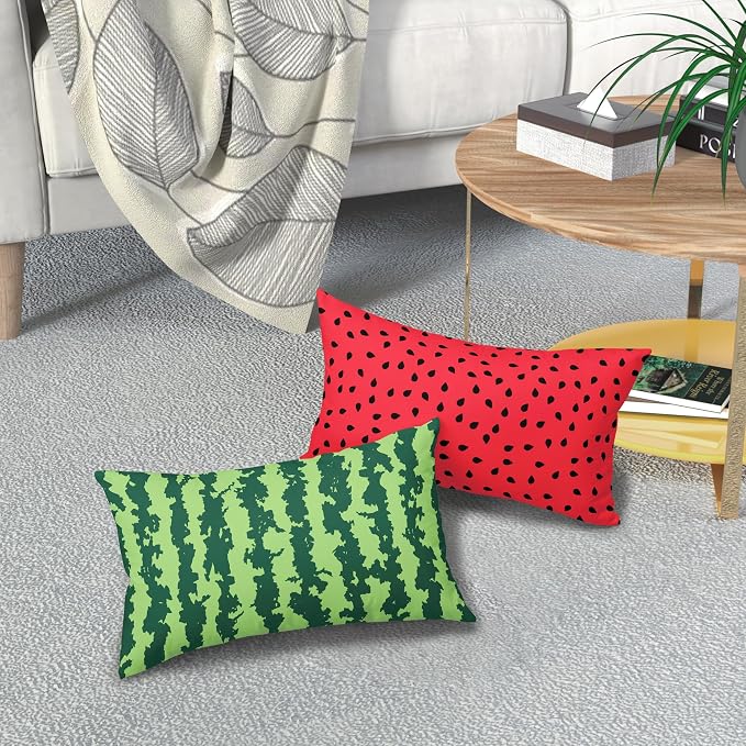 Watermelon Lumbar Pillow Covers 12X20 Inch Set of 2 Summer Fruits Decorative Pillow Cases Green Red Stripes Cotton Linen Cushion Case Farmhouse Modern Home Decor for Sofa Couch Bedroom