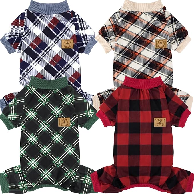 XPUDAC 4 Pack Dog Pajamas for Large Dogs Cats Plaid Doggie Clothes Puppy Onesies Christmas Pajamas Jumpsuits Pet Pjs Shirt Apparel 4X-Large, Red Green Beige Grey