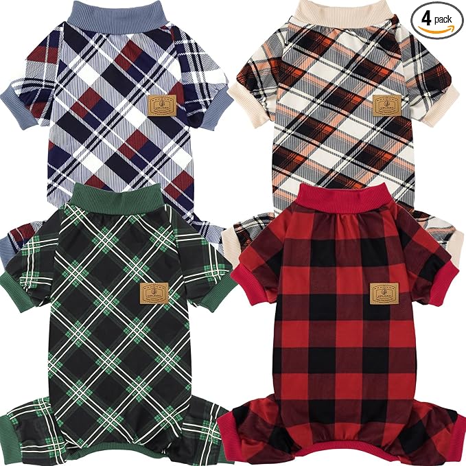 XPUDAC 4 Pack Dog Pajamas for Large Dogs Cats Plaid Doggie Clothes Puppy Onesies Christmas Pajamas Jumpsuits Pet Pjs Shirt Apparel, Plaid, 3X-Large(Chest-26 Back-19.7" Neck-17.3")