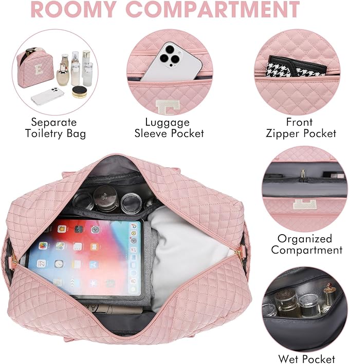 Initial Travel Duffle Bag for Women - Pink Personalized Weekender Bags Overnight Bag with Shoe Compartment & Wet Pocket Weekend Tote Bags with Toiletry Bag Monogram Gifts (Letter E)