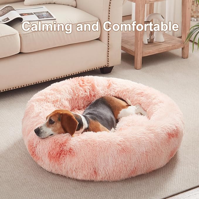 33 in Faux Fur Donut Dog Bed for Medium Plus Dogs,Tie-dye Pink | Calming Plush Round Fluffy Pet Bed with Removable & Washable Cover,Fits up to 65 lbs Pets