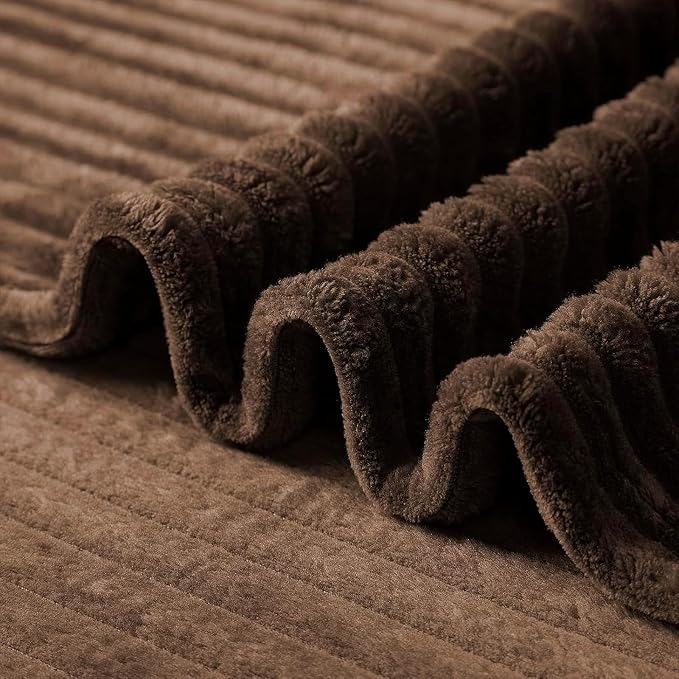 Vessia Flannel Fleece Throw Blanket, 300GSM Cozy Brown Striped Throw for Couch, Sofa and Bed, Warm and Soft Chocolate Microfiber Ribbed Blanket for All Season(50x40inch)