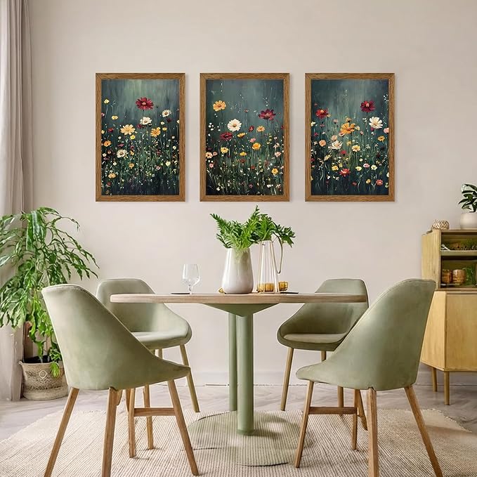 Urmoya 3 Pieces Moody Wildflower Dark Academia Floral Wall Art, 16x24 in | Vintage nature floral landscape wall decor, Wood framed, Ready to hang, Canvas art prints, over sofa, Bedroom, Office
