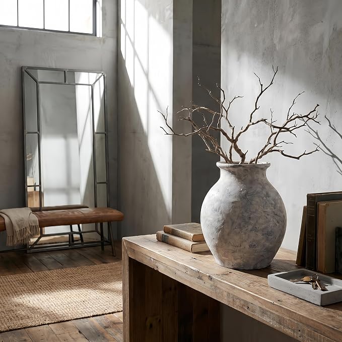 Lvases 10in XL White Ceramic Vase, Aged Stone Cement Mediterranean Vase | Rustic elegant finish with authentic limestone texture fits Tuscan farmhouse style as table decor living room home decoration