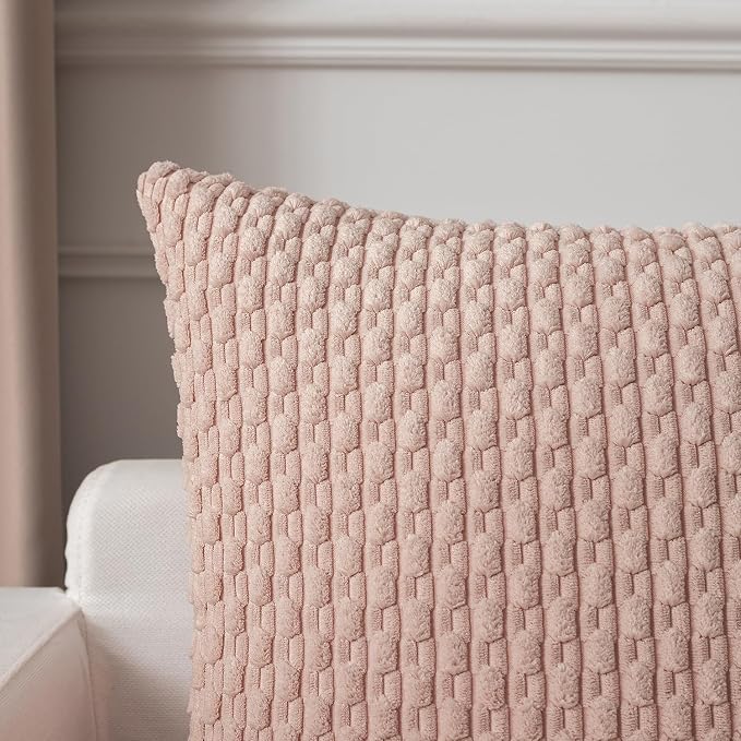 Kevin Textile Soft Corduroy 12"x20" Lumbar Pillow Cover 1 Pack, Light Pink | Boho Stripe Plush Corduroy Decorative Oblong Cushion Cover Modern Farmhouse Home Decor for Sofa Couch Bed Chair