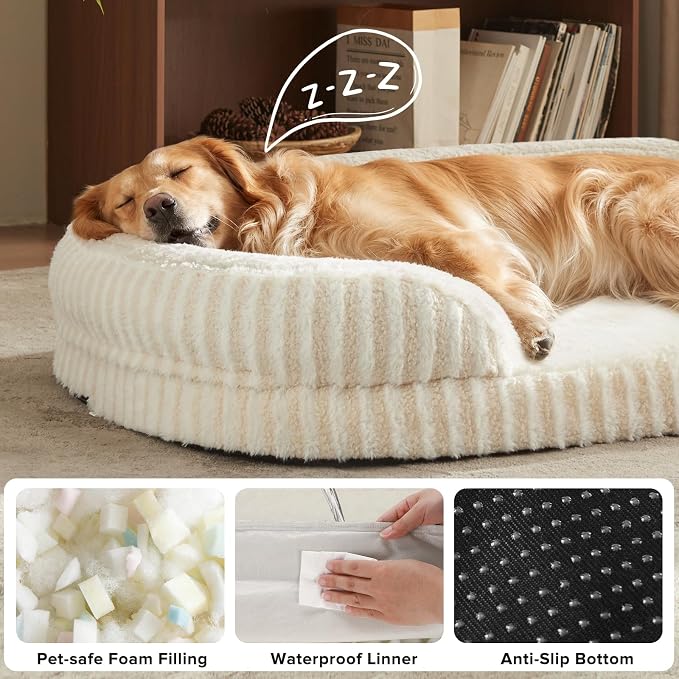 MIXJOY Orthopedic Dog Beds Large Sized Dog,Extra Large Washable Dog Bed Waterproof Oval Dogs Bed with Removable Cover,Egg-Crate Foam Big Pet Bed Couch with Bolster,Non-Slip Bottom,XL 42"X32",White