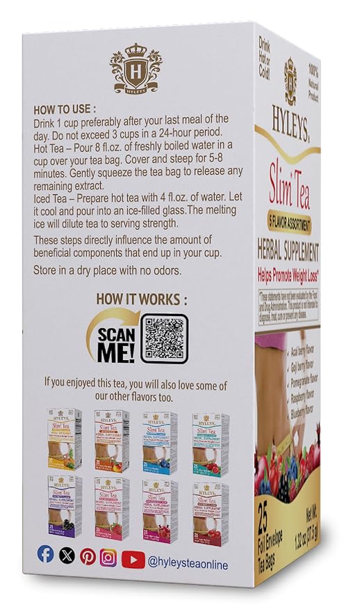 HYLEYS Slim Tea 5 Flavor Assortment - Weight Loss Herbal Supplement Cleanse and Detox - 25 Tea Bags (12 Pack) - Assorted Tea Variety Pack