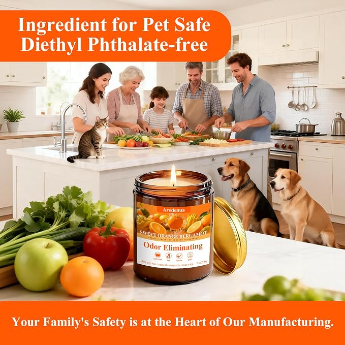 Sweet Orange Bergamot Odor Eliminating Candles | Eliminates 95% of Pet, Smoke, Food, and Other Smells Quickly | 7oz Soy Candle for Home Scented | Air Freshening Scented Candle for Positive & Relax