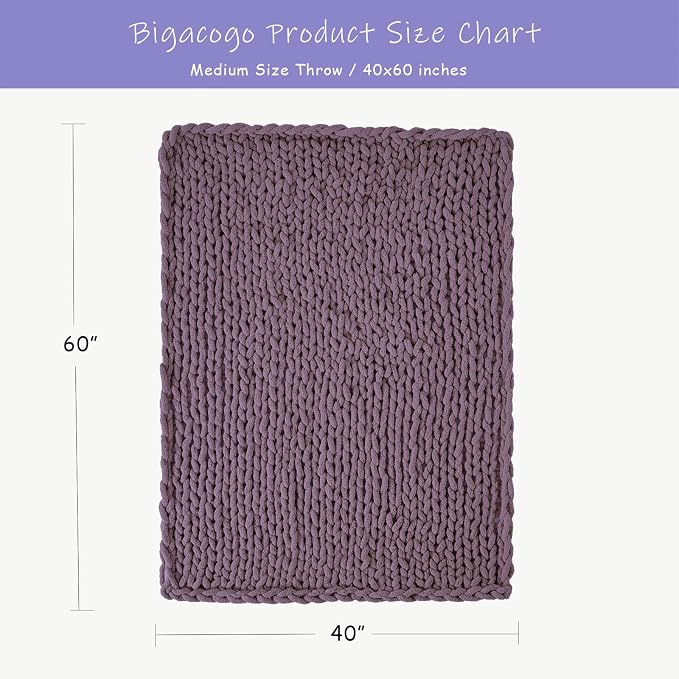 Bigacogo Chunky Knit Throw Blanket for Couch, 40x60 inches, Winter Grape | Hand Knit with Jumbo Chenille, Soft Breathable Cable Knit for Sofa Bed Living Room, Machine Washable, Gift for Mom Friend