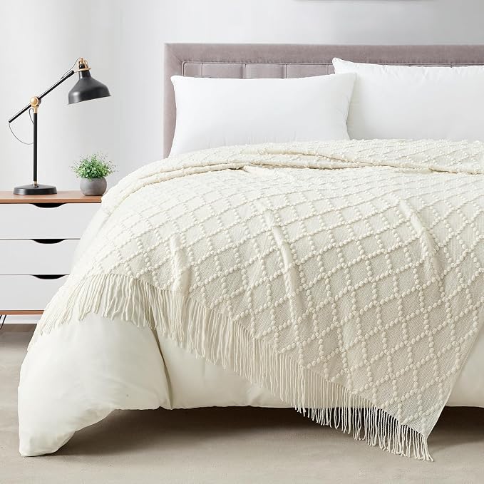 BOURINA White Throw Blanket 50 x70 Inch Jacquard Throw Knitted Blanket | Jacquard Argyle Throw Textured Solid Soft Throws and Blankets for Sofa or Bed Knitted Decorative Blanket