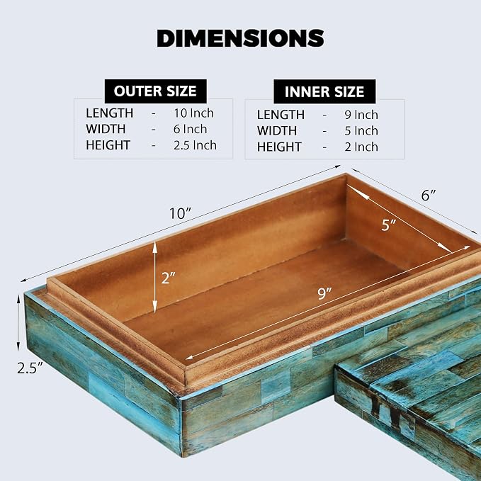 Handicrafts Home Large Decorative Storage Box with Lid – 10x6x2.5” Coffee Table Organizer, Keepsake- Decorative Boxes for Home Decor, Stylish Decorative Box for Office Decor- Verdigris
