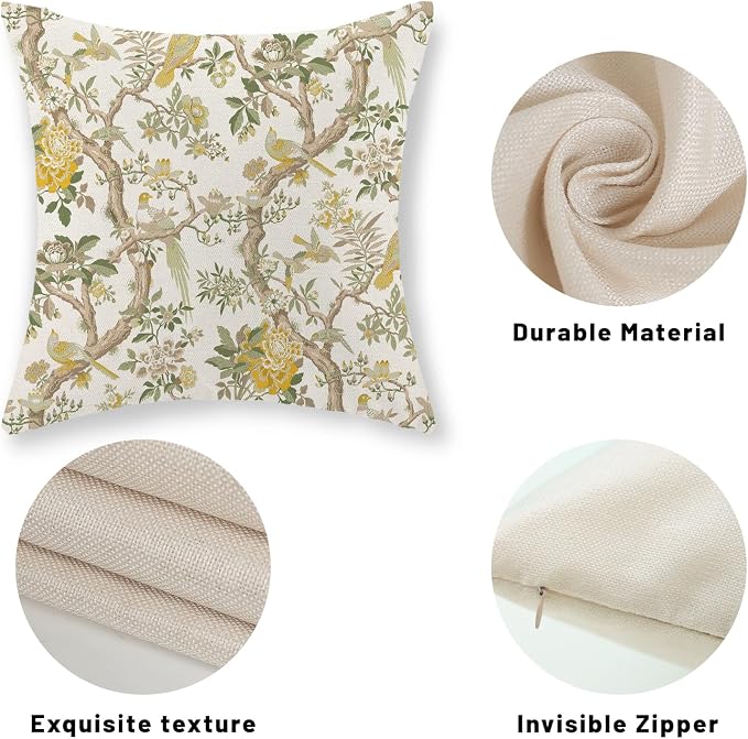Yellow Green Floral Bird Pillow Covers 18x18 Set of 2 Chinoiserie Throw Pillows Vintage Flowers Bird Decorative Pillow Cases Outdoor Chinoiserie Decor Farmhouse Cushion Case for Couch Sofa