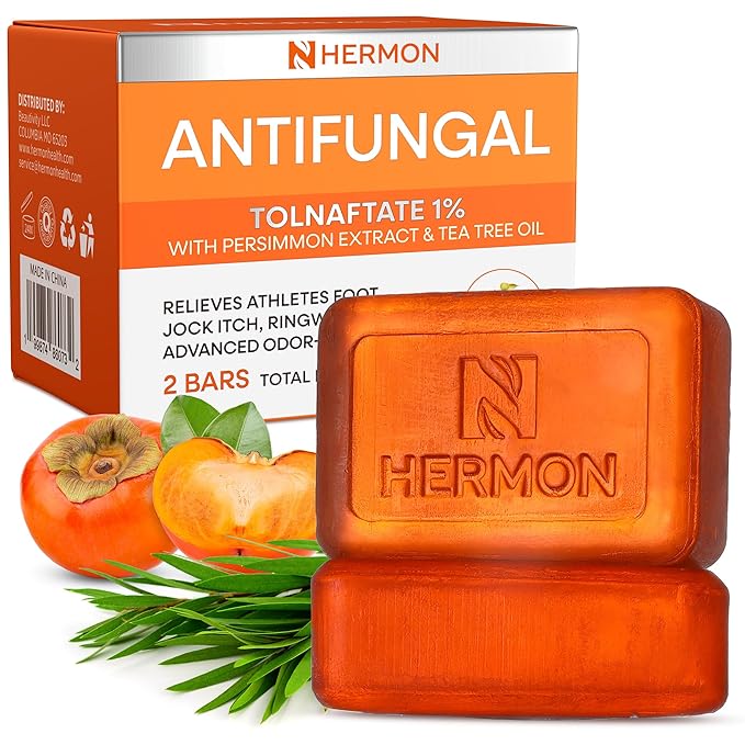 Hermon Antifungal Soap Bar: Antifungal Soap Treatment for Ringworm, Jock Itch & Athlete’s Foot with Tea Tree Oil – Medicated Odor-Neutralizing Persimmon Soap for Persistent Body & Aging Odor, 2Bars