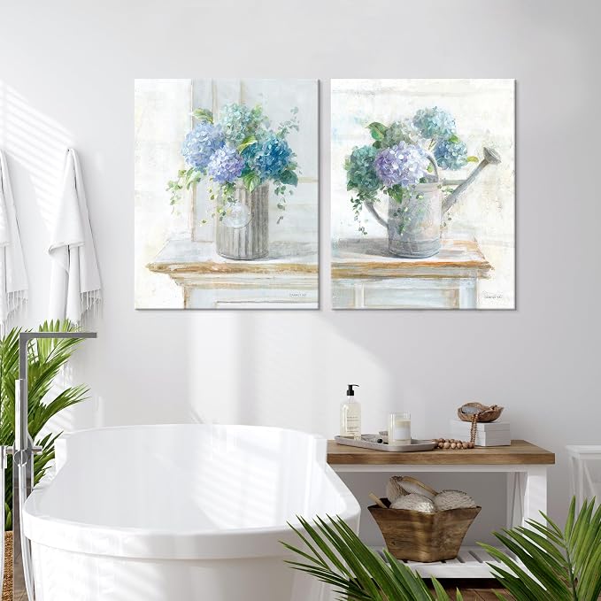 Blue Hydrangea Bathroom Wall Art 2 pcs Farmhouse Rustic Flower Art Botanical Floral Posters Paintings Framed Artwork for Dining Room kitchen Bedroom Living Room 12"x16"