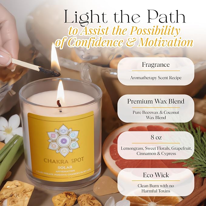 Solar Chakra Candle - Manipura Energy for Confidence & Personal Power, Uplifting Aromatherapy with Lemongrass, Grapefruit, Cinnamon, Cypress Essential Oils, Beeswax & Coconut Wax - 8oz