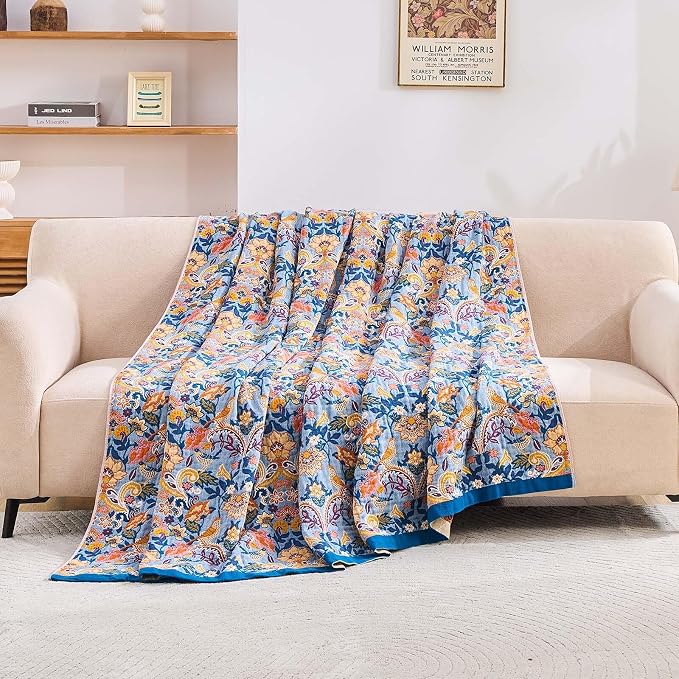 XIBLC Boho Throw Blanket for Bed, 100% Cotton Soft Rustic Quilt Fall Blanket, 60"x80" Floral Printed Farmhouse Decor Bed Blankets, All Season Rustic Reversible Bohemian Throw Quilt