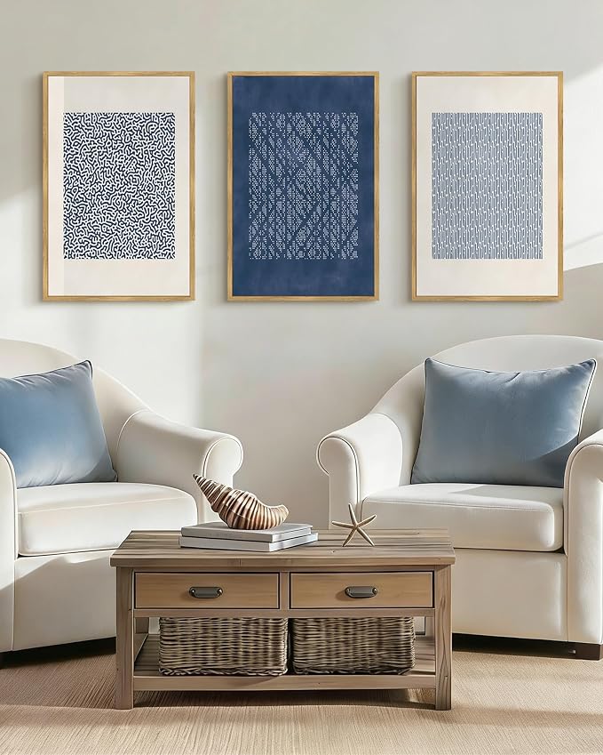 Drsoum Blue Mid-Century Modern Framed Wall Art Large 16x24in Minimalist Abstract Boho Wall Decor Geometric Artwork Kitchen Dining Room Natural Framed