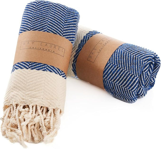 BAY LAUREL Turkish Hand Towel – Pack of 2 | Soft & Absorbent Decorative Towels for Bathroom, Hand, Face, Hair, Gym, Yoga, SPA, Kitchen & Tea | Boho Decor (Azure, Herringbone 15x26 Inches (Set of 2)