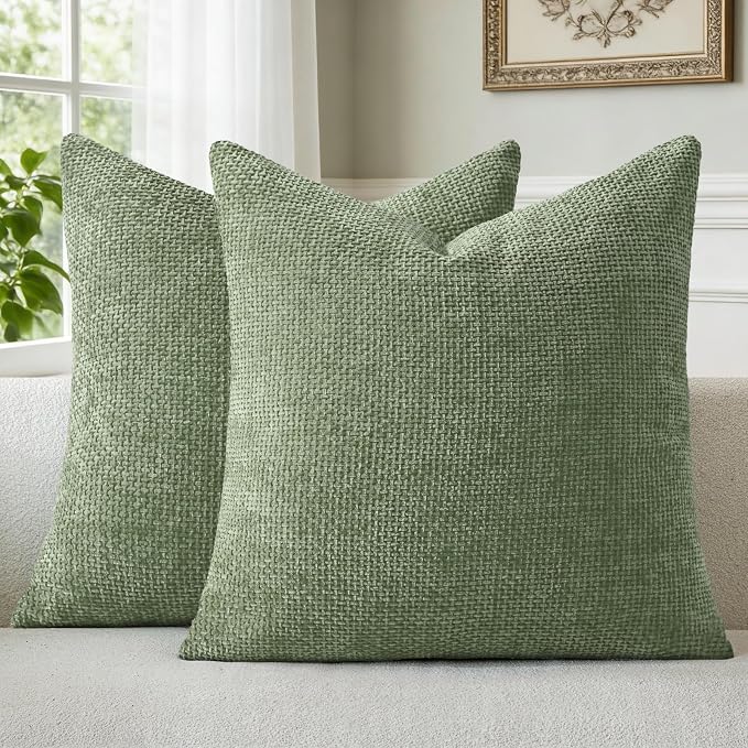 a moment Moss Green Chenille Throw Pillow Covers 22x22 Inch Pack of 2 Modern Decorative Throw Pillow Covers Farmhouse Cross Covers Home Decor for Sofa Bedroom Living Room