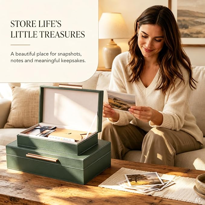 Decorative Box, Decorative Boxes with Lids 2-Set, Memory Box for Keepsakes | Beautiful PU Leather Decorative Storage Boxes in Style, Decor Box with Rose Metal Handle, Store Photos, Documents Green