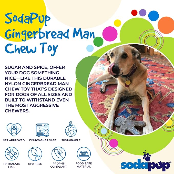 SodaPup Gingerbread Man – Durable Dog Chew Toy Made in USA from Non-Toxic, Pet Safe, Food Safe Nylon Material for Mental Stimulation, Clean Teeth, Fresh Breath, Problem Chewing, Calm Nerves, & More
