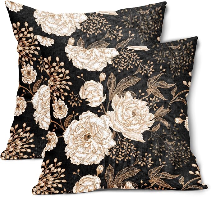 Vintage Peony Roses Floral Plant Pillow Covers 24X24 Inch Set of 2 Chinoiserie White Flower Leaves Decorative Pillow Cases Black Gold Cushion Case Vintage Home Decor for Sofa Couch Outdoor