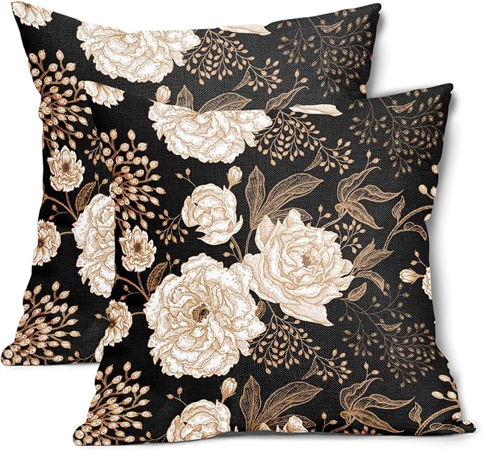 Vintage Peony Roses Floral Plant Pillow Covers 16X16 Inch Set of 2 Chinoiserie White Flower Leaves Decorative Pillow Cases Black Gold Cushion Case Vintage Home Decor for Sofa Couch Outdoor