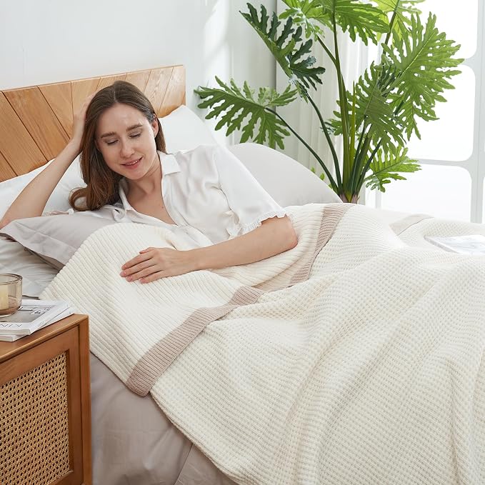Chenille Throw Blanket, Soft Cozy Waffle Throw for Couch & Sofa, Warm Yet Lightweight, Breathable All-Season Throws for Women Men, Housewarming, Birthdays, 60"x80", Ivory