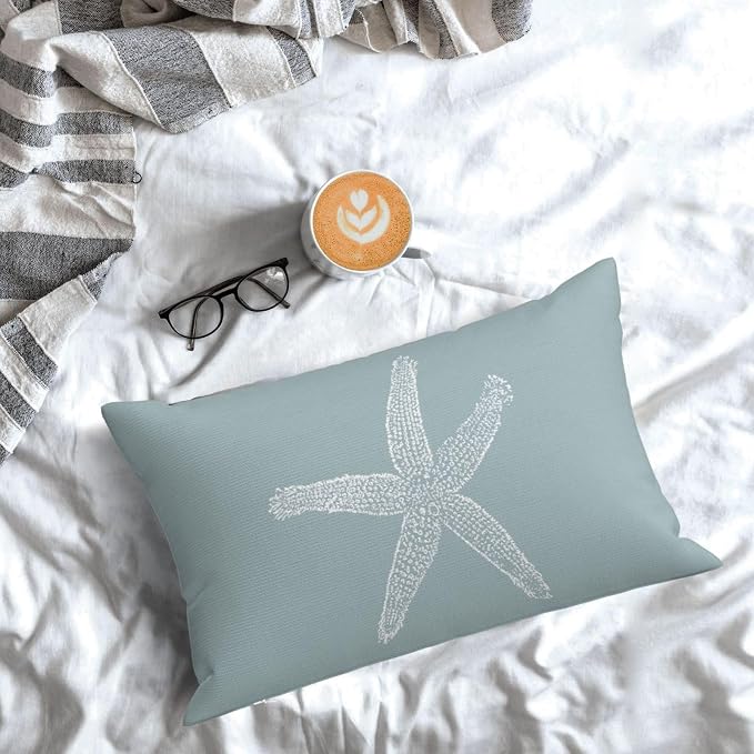 Coastal Pillow Covers 12x20 Set of 2 Blue Coral Starfish Throw Pillows Nautical Ocean Decorations Summer Linen Beach Pillowcase Outdoor Decor Farmhouse Lumbar Cushion Case for Home Living Room