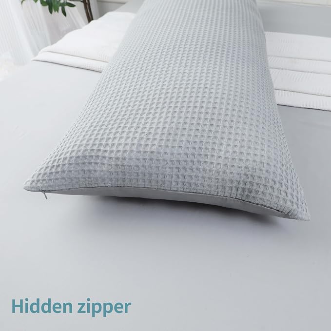 100% Egyptian Cotton 600 TC Waffle Weave Body Pillowcase with Zipper | 1 Pack Ultra Soft Breathable Pillow Cover, Skin-Friendly Bed Pillow Sham, Body Pillow Case Cover, Gray, 20" x 54"